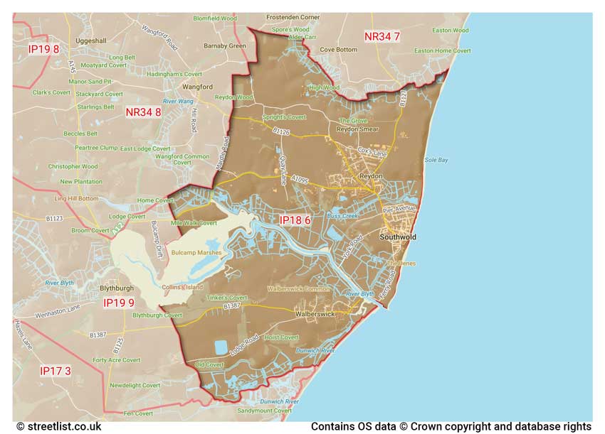 map showing postcode sectors within the IP18 district