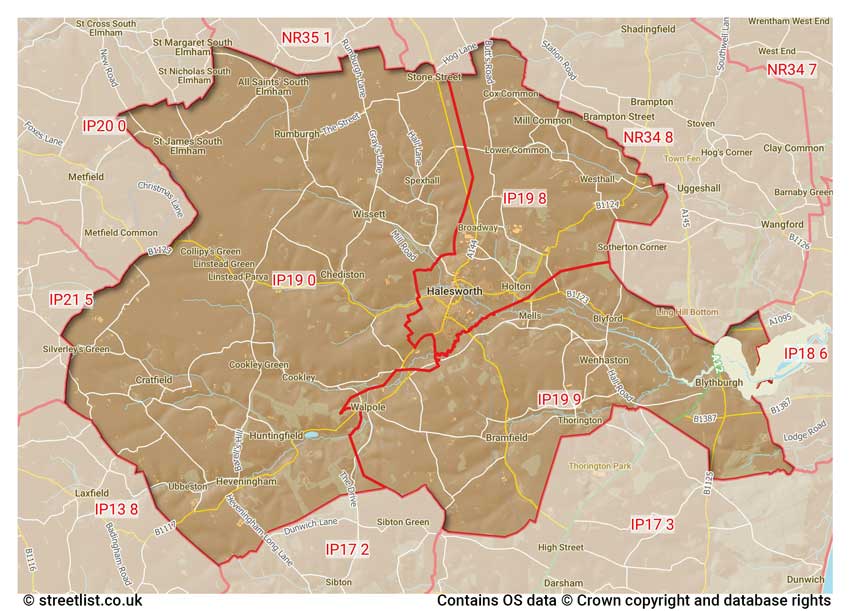 map showing postcode sectors within the IP19 district