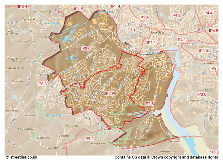 map showing postcode sectors within the IP2 district