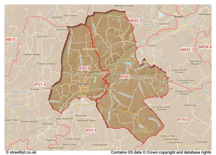 map showing postcode sectors within the IP20 district