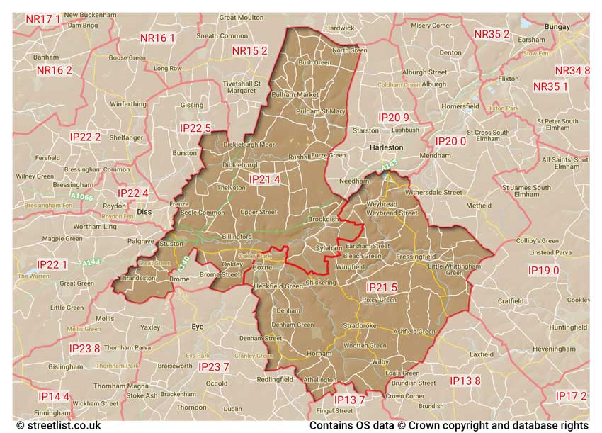 map showing postcode sectors within the IP21 district