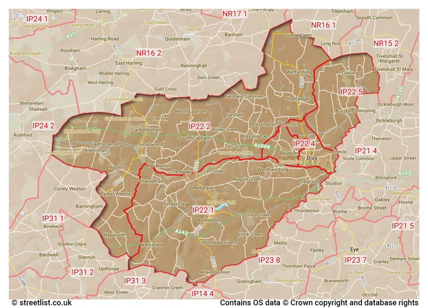 map showing postcode sectors within the IP22 district