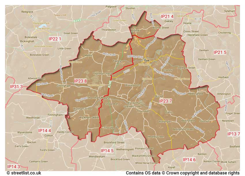 map showing postcode sectors within the IP23 district