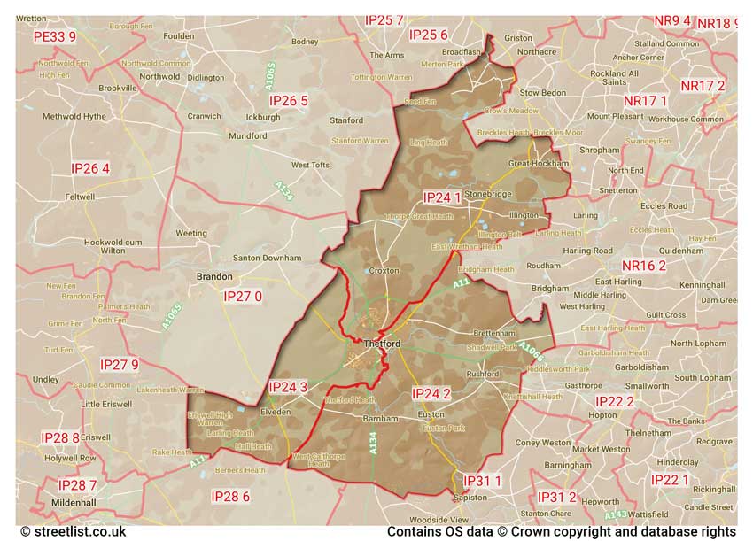 map showing postcode sectors within the IP24 district