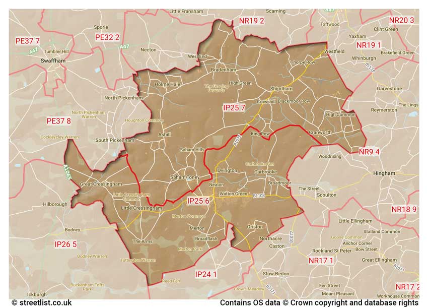 map showing postcode sectors within the IP25 district