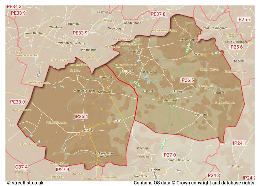 map showing postcode sectors within the IP26 district