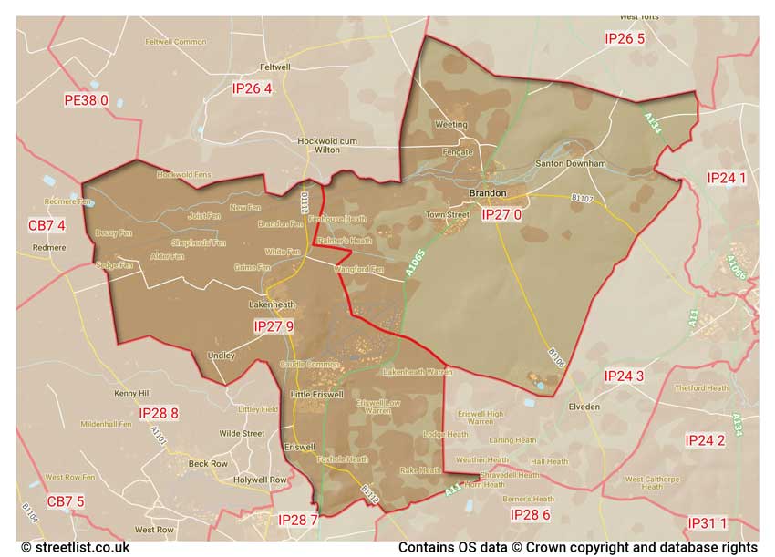 map showing postcode sectors within the IP27 district