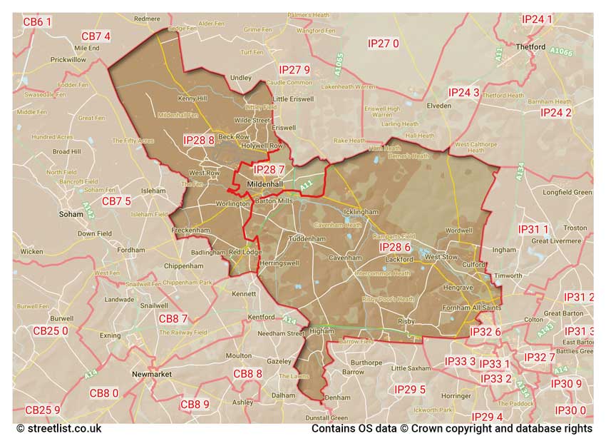 map showing postcode sectors within the IP28 district