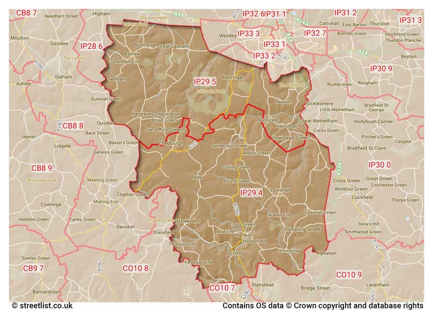 map showing postcode sectors within the IP29 district