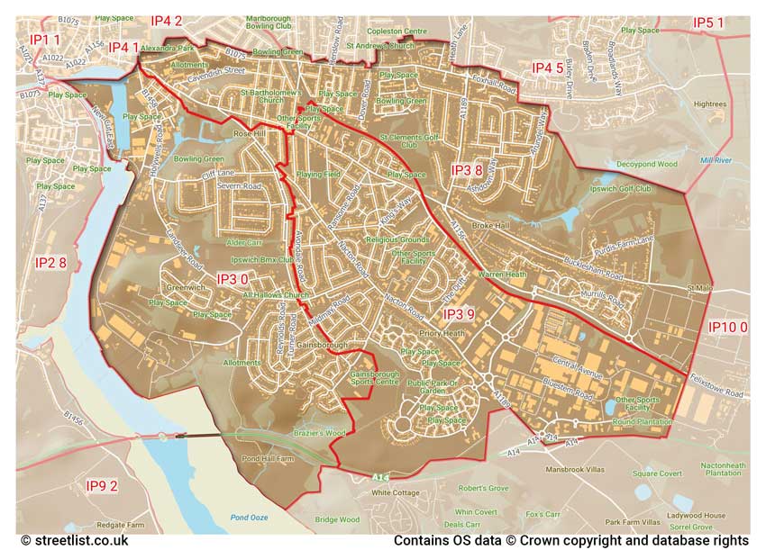 map showing postcode sectors within the IP3 district