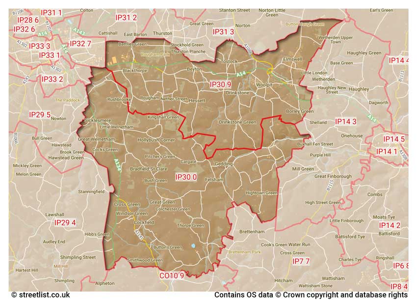 map showing postcode sectors within the IP30 district