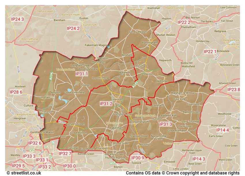 map showing postcode sectors within the IP31 district