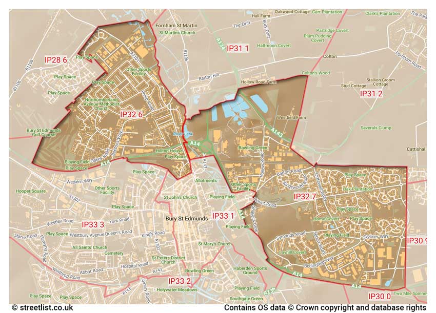 map showing postcode sectors within the IP32 district