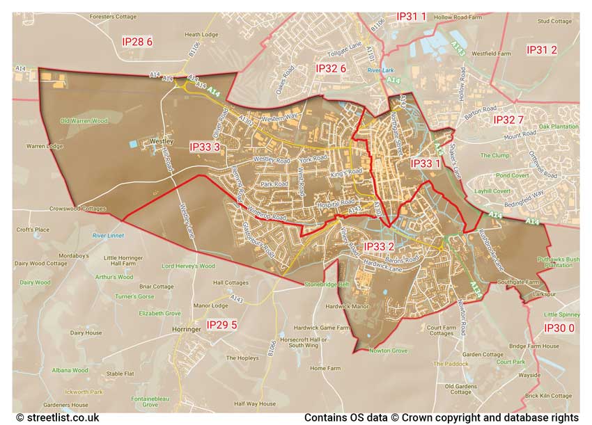 map showing postcode sectors within the IP33 district