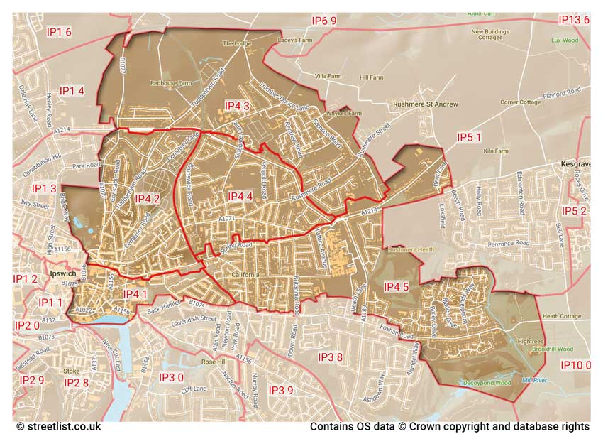 map showing postcode sectors within the IP4 district