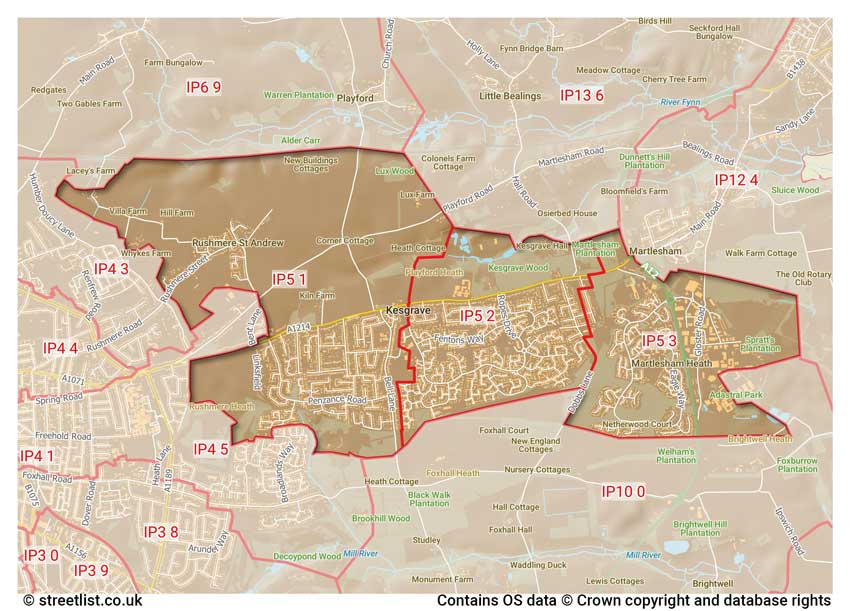 map showing postcode sectors within the IP5 district