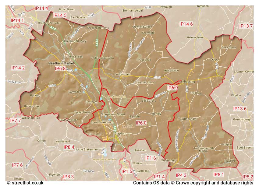 map showing postcode sectors within the IP6 district