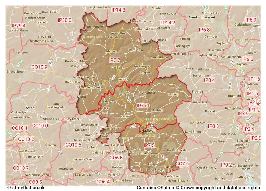 map showing postcode sectors within the IP7 district