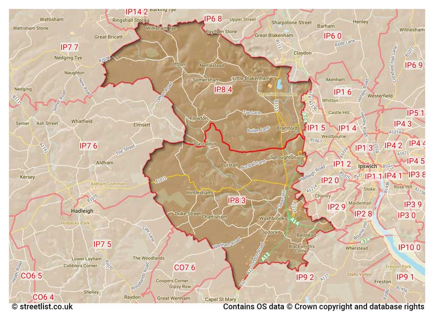 map showing postcode sectors within the IP8 district