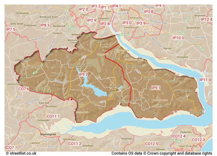 map showing postcode sectors within the IP9 district