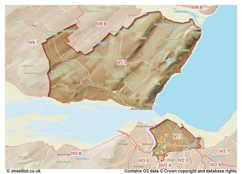 map showing postcode sectors within the IV1 district