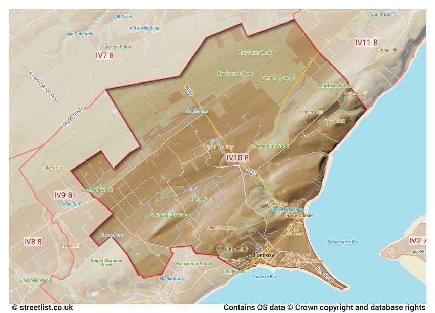 map showing postcode sectors within the IV10 district