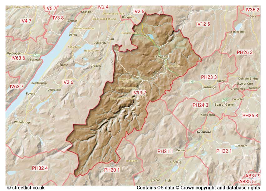 map showing postcode sectors within the IV13 district