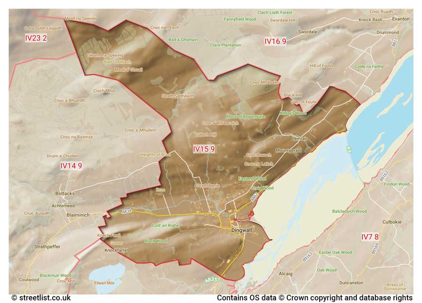 map showing postcode sectors within the IV15 district