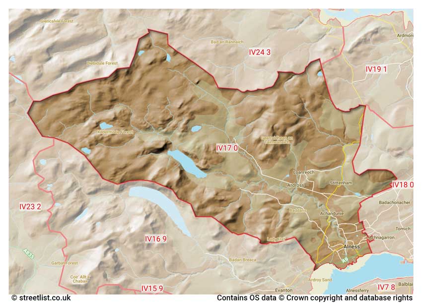 map showing postcode sectors within the IV17 district