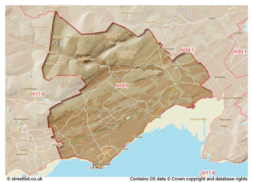 map showing postcode sectors within the IV18 district