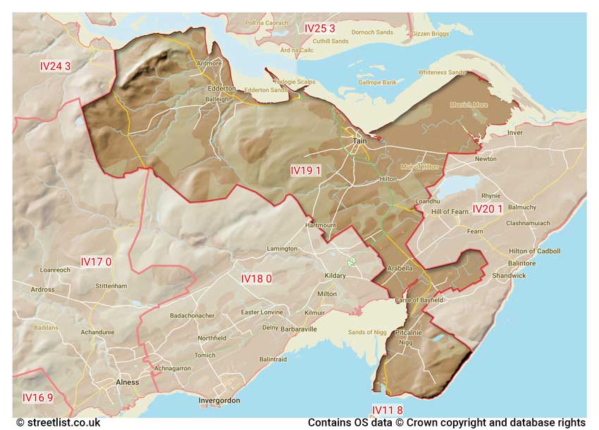 map showing postcode sectors within the IV19 district