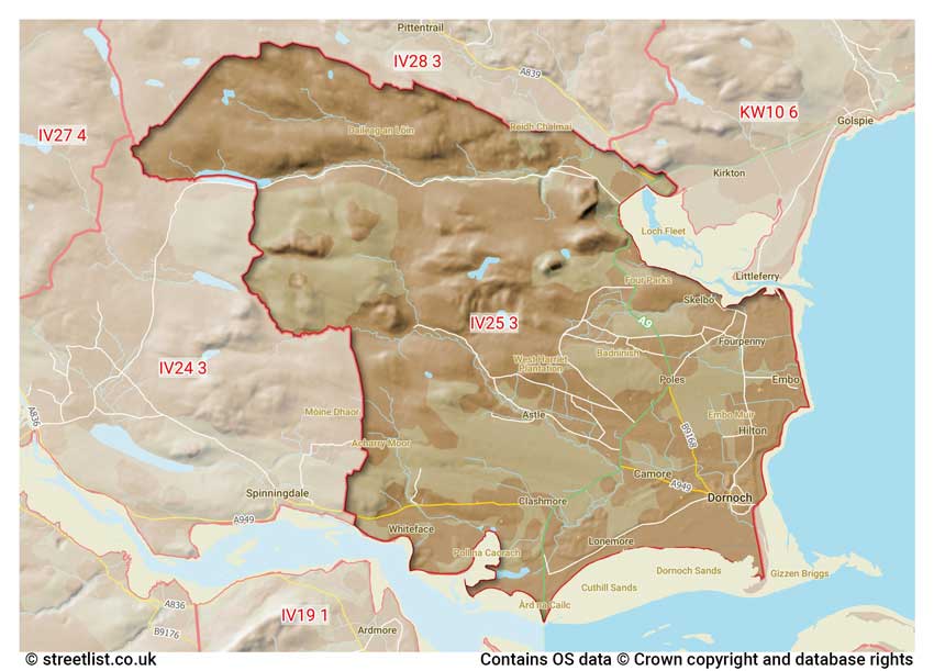 map showing postcode sectors within the IV25 district