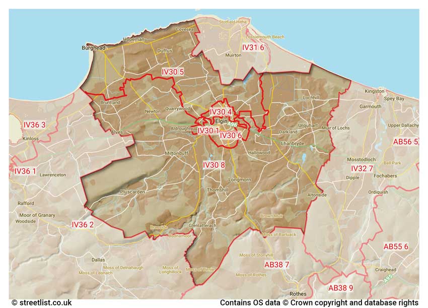 map showing postcode sectors within the IV30 district