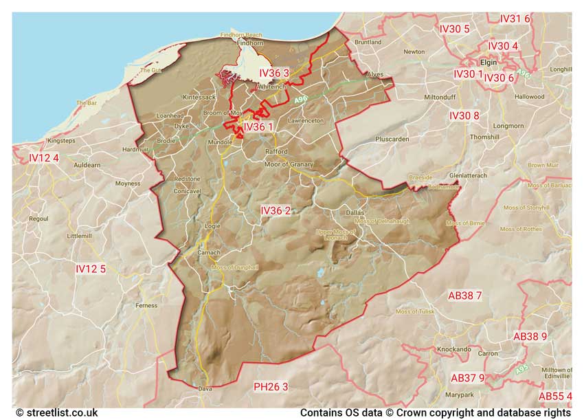 map showing postcode sectors within the IV36 district