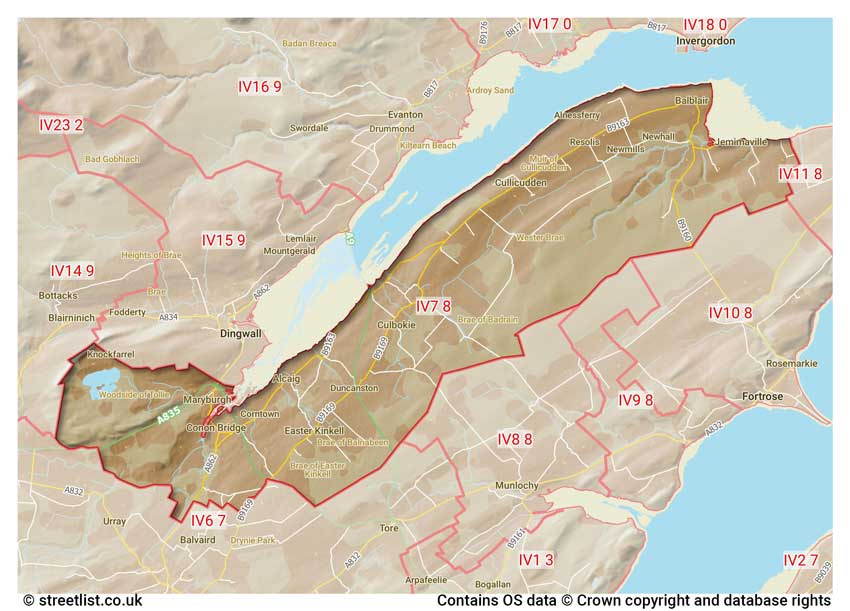 map showing postcode sectors within the IV7 district