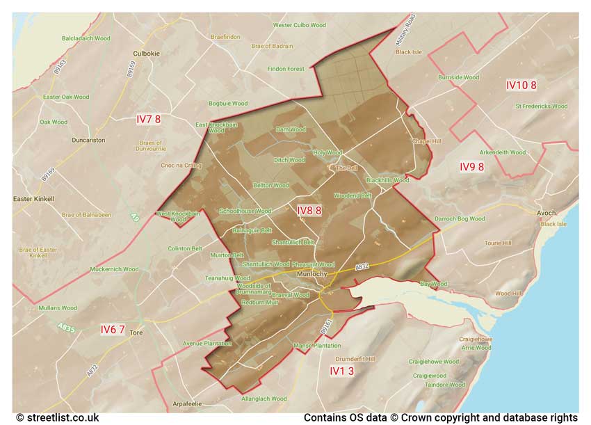 map showing postcode sectors within the IV8 district