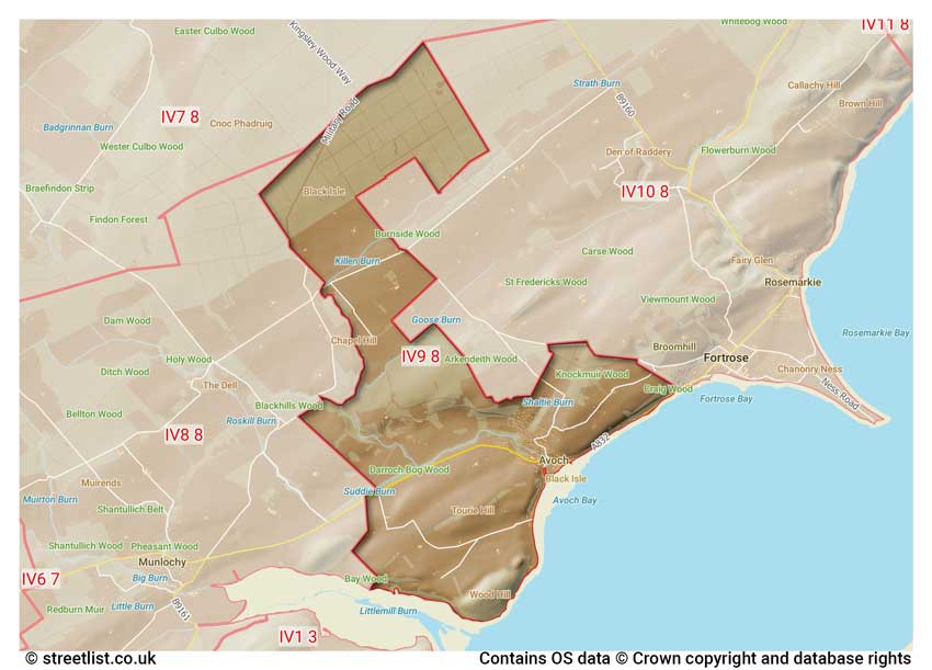 map showing postcode sectors within the IV9 district