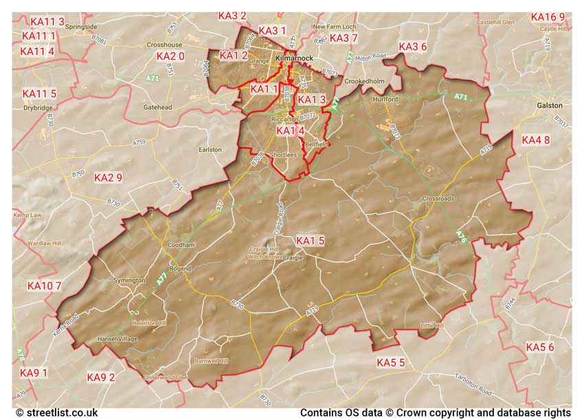 map showing postcode sectors within the KA1 district