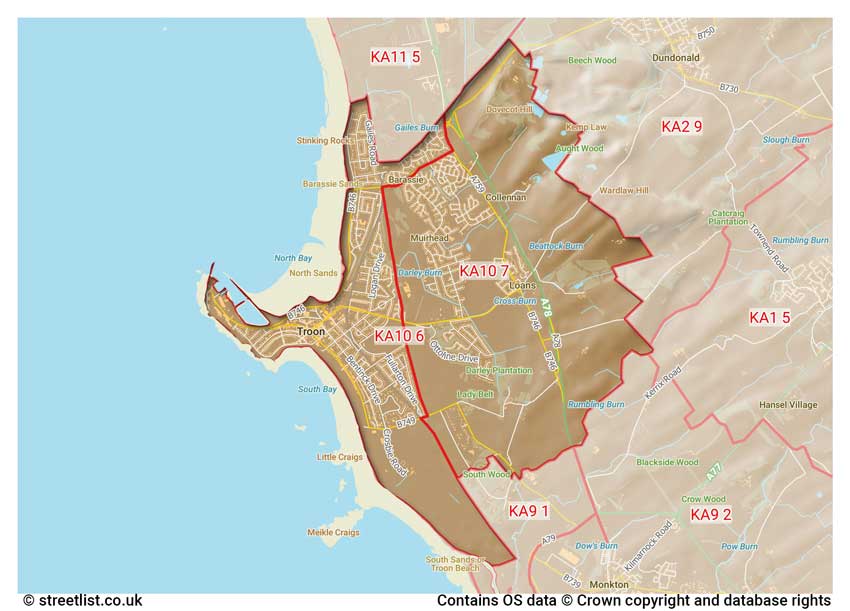 map showing postcode sectors within the KA10 district