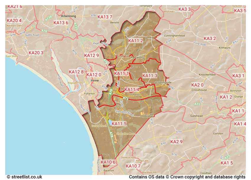 map showing postcode sectors within the KA11 district