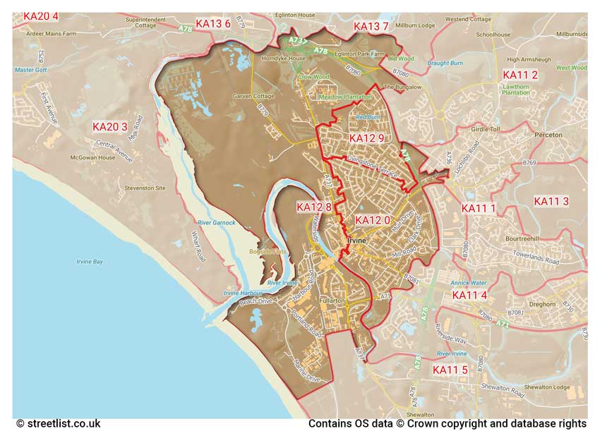 map showing postcode sectors within the KA12 district