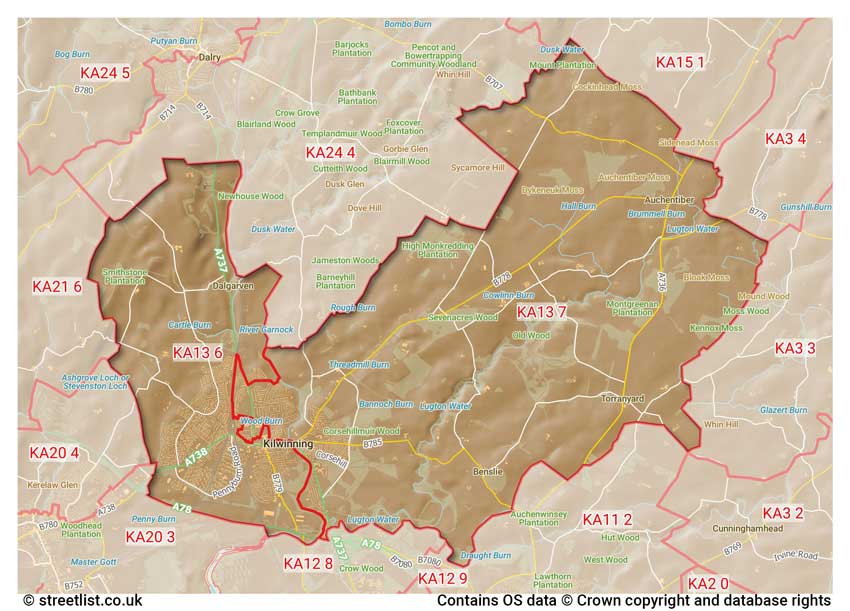 map showing postcode sectors within the KA13 district