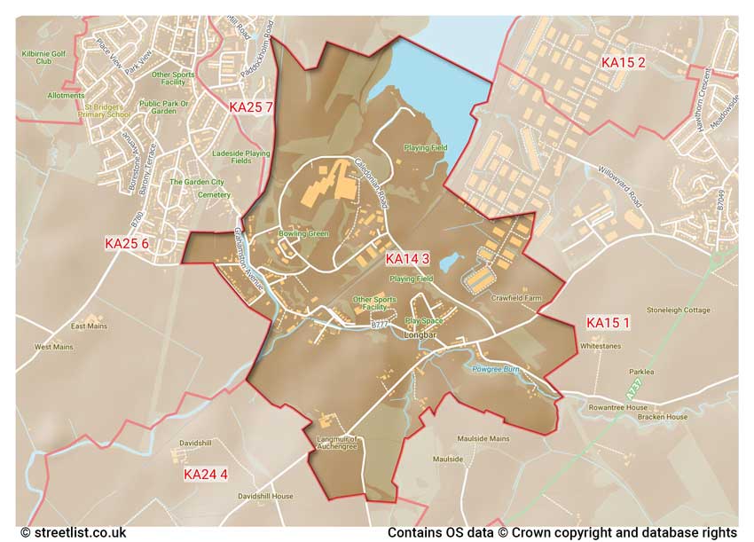 map showing postcode sectors within the KA14 district