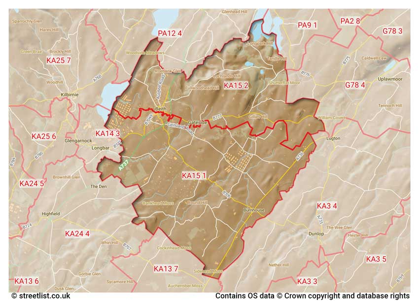 map showing postcode sectors within the KA15 district