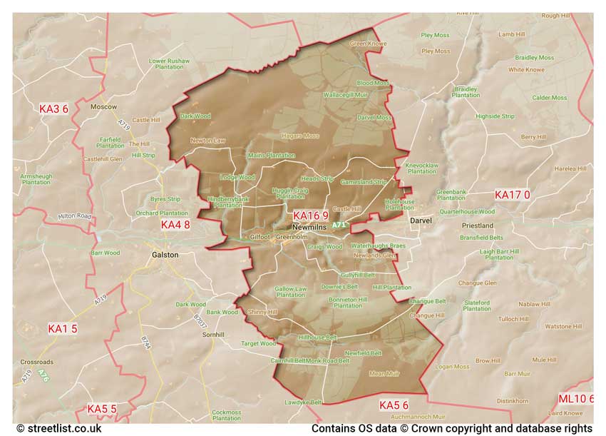 map showing postcode sectors within the KA16 district