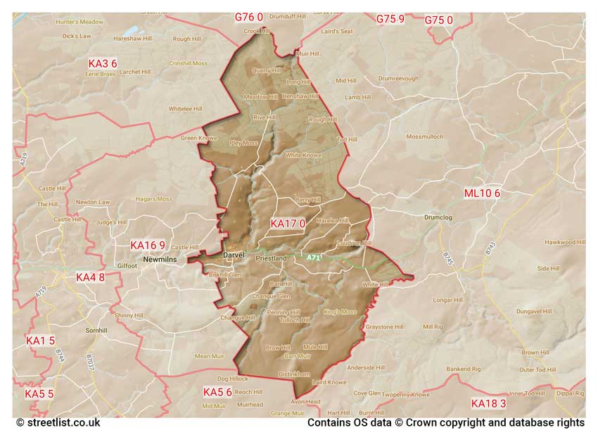 map showing postcode sectors within the KA17 district