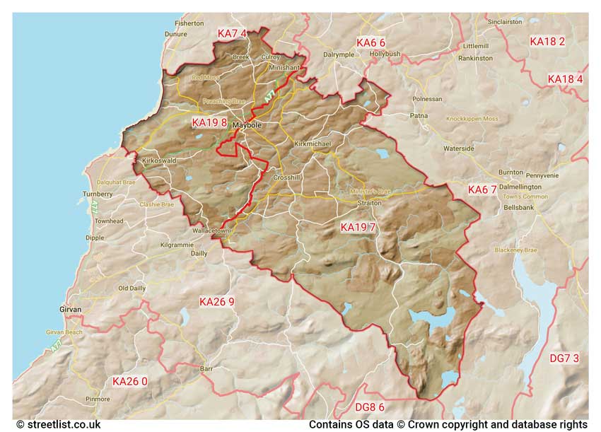 map showing postcode sectors within the KA19 district