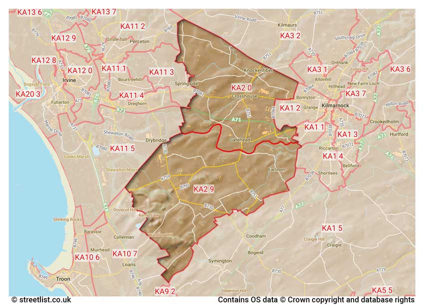 map showing postcode sectors within the KA2 district