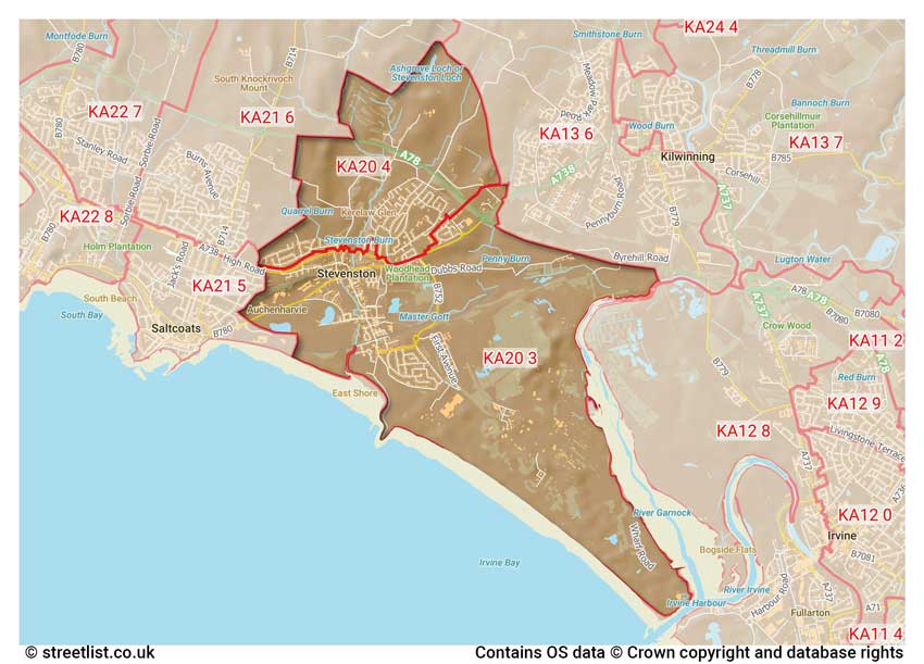 map showing postcode sectors within the KA20 district