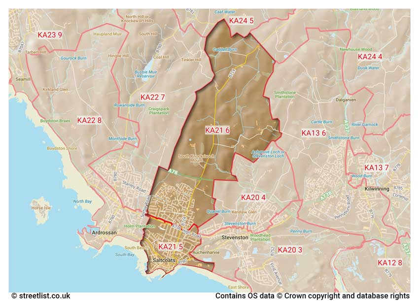 map showing postcode sectors within the KA21 district